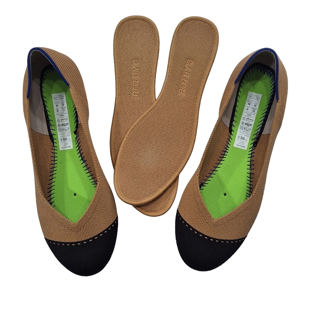 Rothys~Womens Round Camel Cap Toe Ballet Flats~Black Tan Slip On Shoes~Size 8.5 - Picture 7 of 7